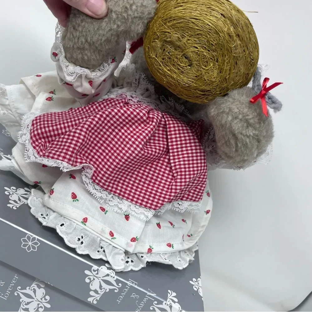 1982 Handmade Plush Mouse Basket Red Strawberry White eyelet Dress Gingham Apron